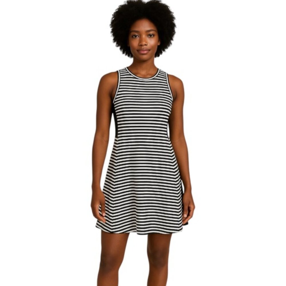 Addison Medium Black and White Striped Sleeveless Crewneck Skater Mini D…